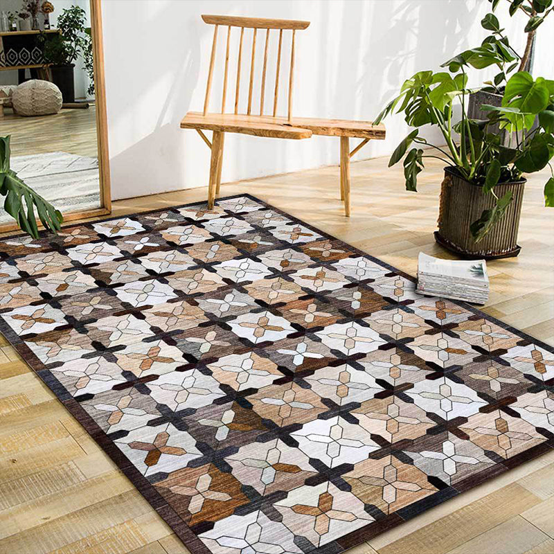 Sikunuo | Brown Moroccan Carpet Polyester Controlled Pattern Carpet Washable Non-Slip Backing Carpet for Living Room