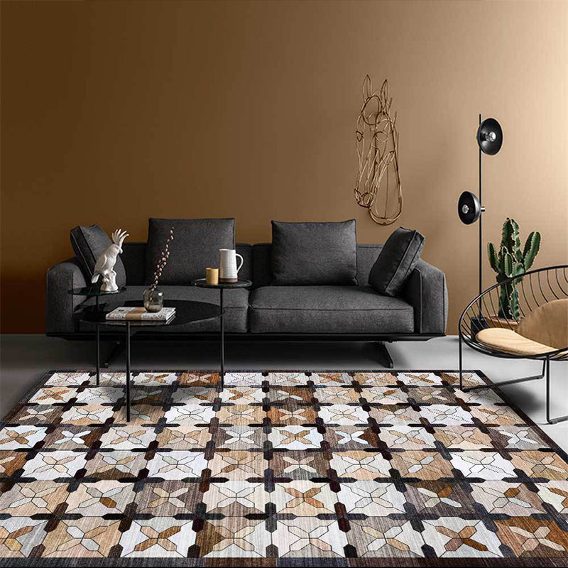 Sikunuo | Brown Moroccan Carpet Polyester Controlled Pattern Carpet Washable Non-Slip Backing Carpet for Living Room
