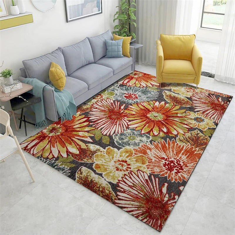 Sikunuo | Orange Vintage Carpet Polyester Flower Pattern Carpet Washable Non-Slip Backing Carpet for Living Room