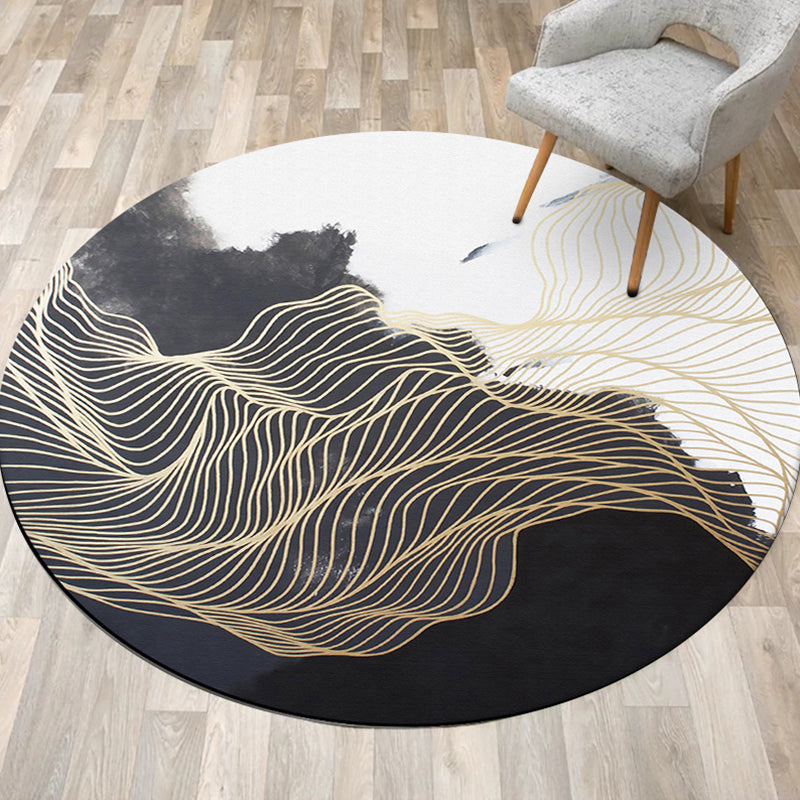 Sikunuo | Modern Swirl Stripe Pattern Carpet Black and White Polyester Carpet Machine Washable Non-Slip Rug for Bedroom