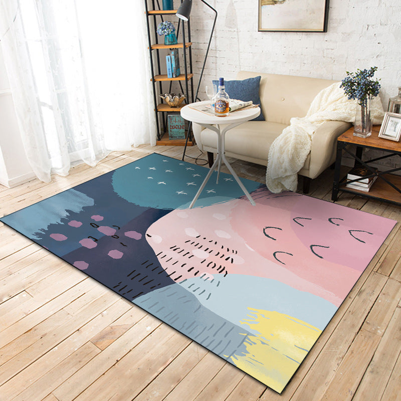 Sikunuo | Novelty Living Room Rug in Pink and Blue Color Block Print Rug Polyester Machine Washable Rug