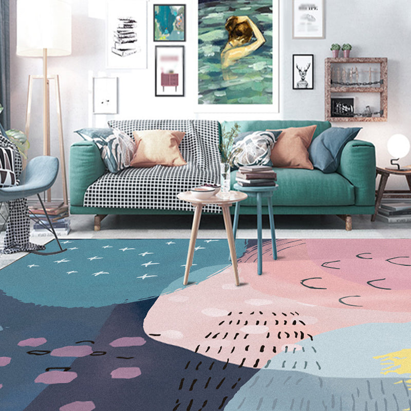 Sikunuo | Novelty Living Room Rug in Pink and Blue Color Block Print Rug Polyester Machine Washable Rug