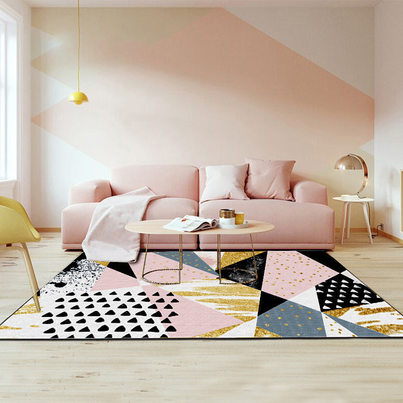 Sikunuo | Pink and Gold Bedroom Carpet Novelty Geometric Irregular Shape Dots Pattern Rug Polyester Non-slip Area Rug