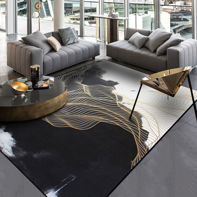 Sikunuo | Traditional swirl stripe pattern rug black and white oriental rug polyester washable non-slip backing rug for living room