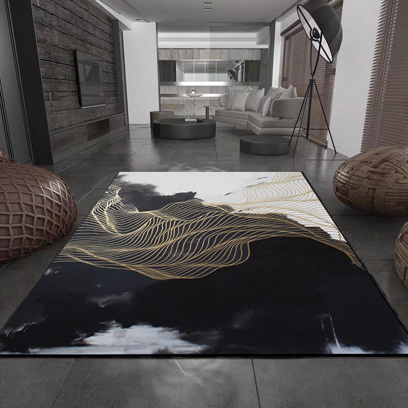 Sikunuo | Traditional swirl stripe pattern rug black and white oriental rug polyester washable non-slip backing rug for living room