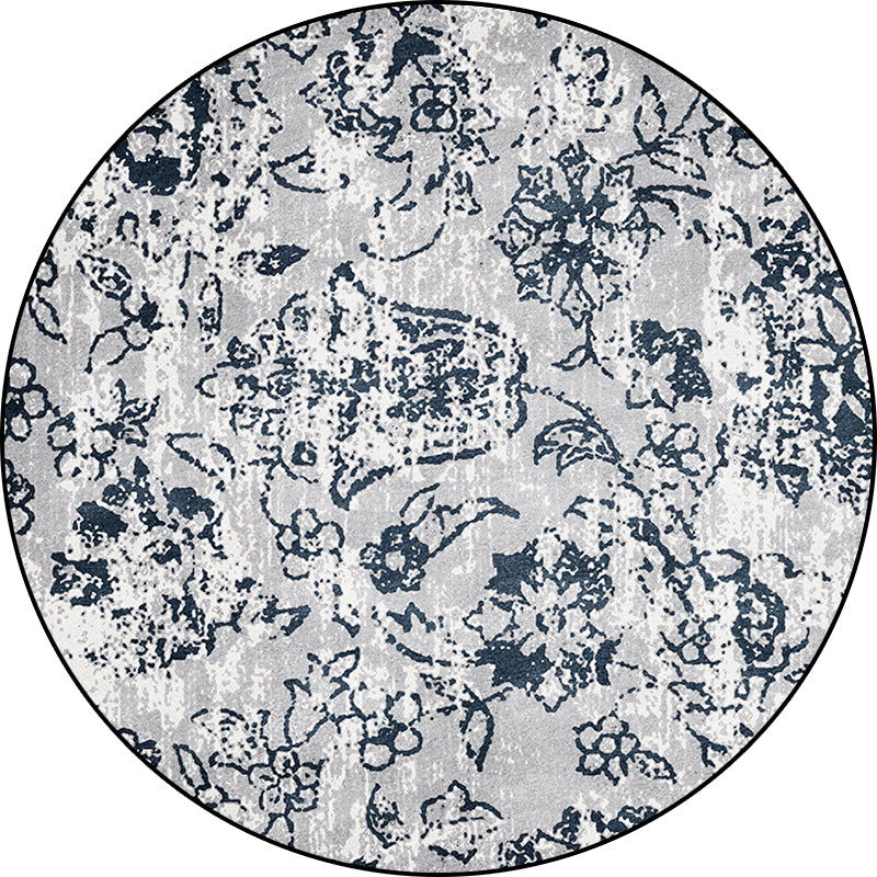 Sikunuo | Gray Shabby Chic Rug Polyester Floral Pattern Rug Washable Non-Slip Back Rug for Living Room