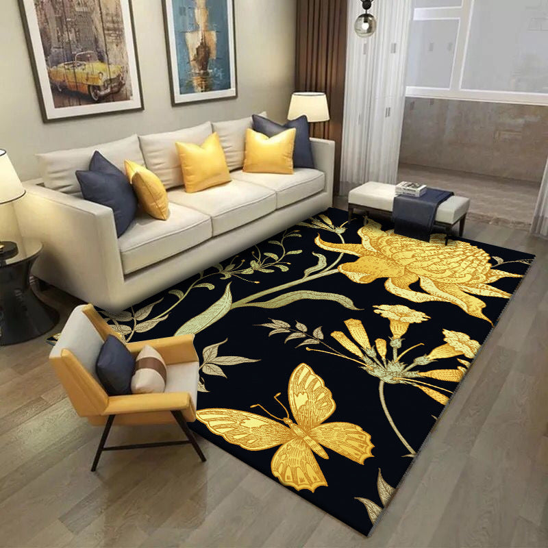Sikunuo | Black and Yellow Vintage Carpet Polyester Floral and Leaf Pattern Carpet Washable Non-Slip Back Carpet for Living Room