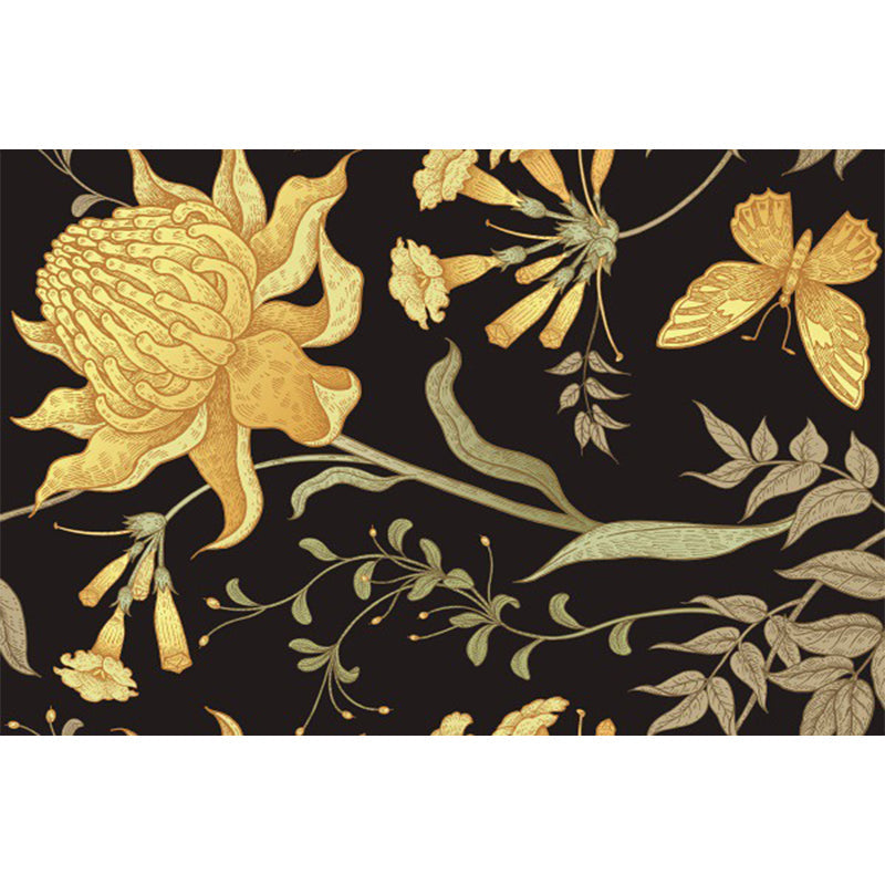 Sikunuo | Black and Yellow Vintage Carpet Polyester Floral and Leaf Pattern Carpet Washable Non-Slip Back Carpet for Living Room