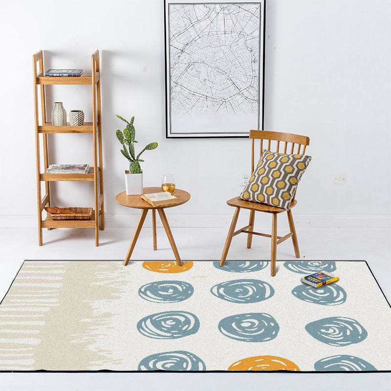 Sikunuo | Novelty living room rug in ivory geometry circle print rug polyester machine washable area rug