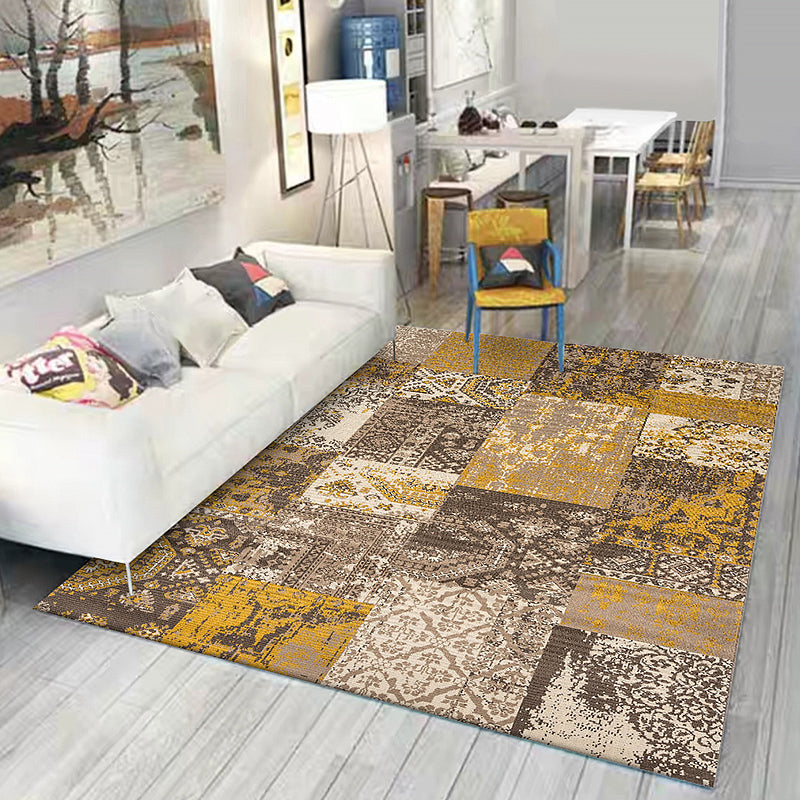 Sikunuo | Shabby Chic Tribal Pattern Rug Blue and Yellow Polyester Rug Machine Washable Non-Slip Rug for the Bedroom