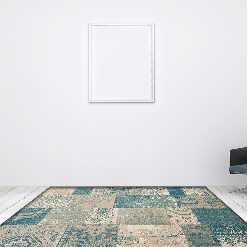 Sikunuo | Shabby Chic Tribal Pattern Rug Blue and Yellow Polyester Rug Machine Washable Non-Slip Rug for the Bedroom