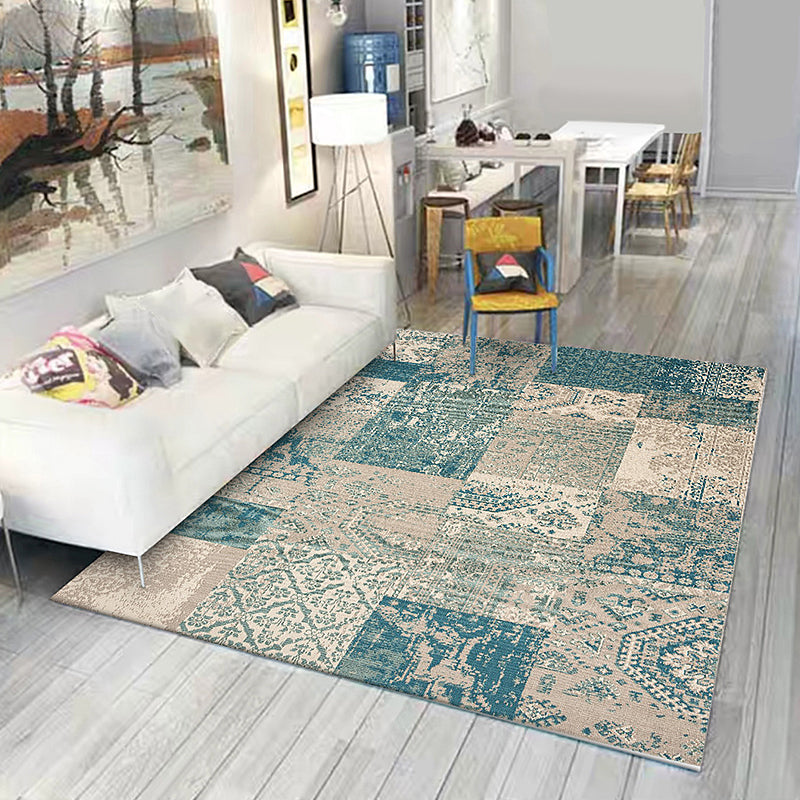 Sikunuo | Shabby Chic Tribal Pattern Rug Blue and Yellow Polyester Rug Machine Washable Non-Slip Rug for the Bedroom