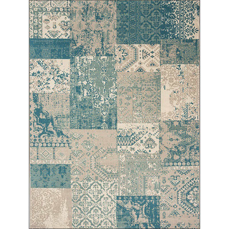 Sikunuo | Shabby Chic Tribal Pattern Rug Blue and Yellow Polyester Rug Machine Washable Non-Slip Rug for the Bedroom