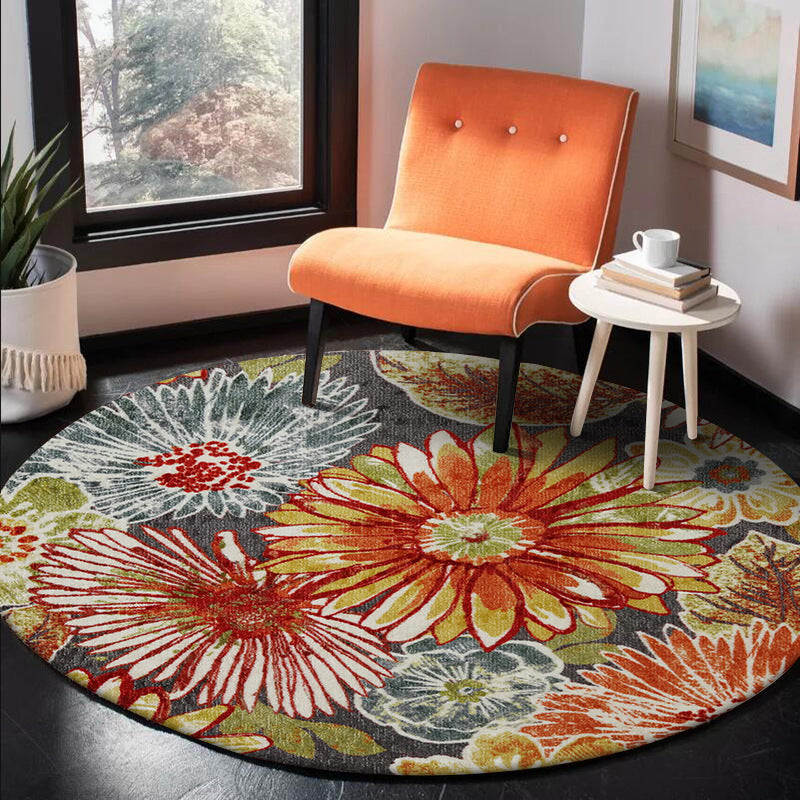 Sikunuo | Retro Floral Pattern Rug Orange Shabby Chic Rug Polyester Washable Non-slip Back Rug for Living Room