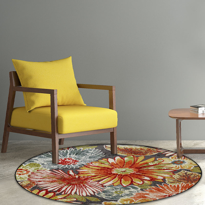 Sikunuo | Retro Floral Pattern Rug Orange Shabby Chic Rug Polyester Washable Non-slip Back Rug for Living Room