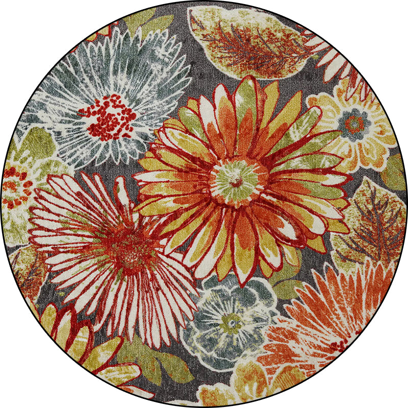 Sikunuo | Retro Floral Pattern Rug Orange Shabby Chic Rug Polyester Washable Non-slip Back Rug for Living Room