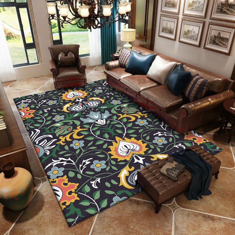 Sikunuo | Vintage Floral Pattern rug with leaf black and green polyester rug machine washable non-slip rug for the bedroom