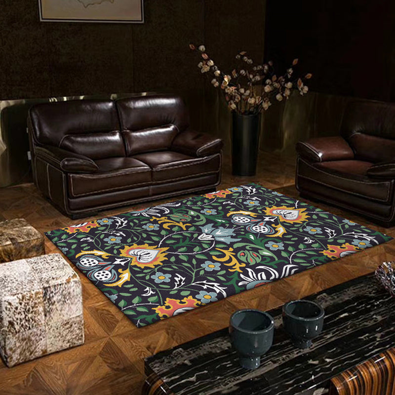 Sikunuo | Vintage Floral Pattern rug with leaf black and green polyester rug machine washable non-slip rug for the bedroom