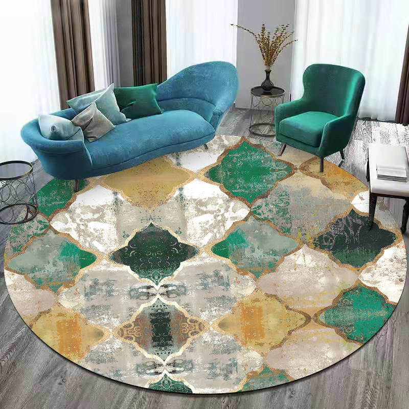 Sikunuo | Green and Yellow Moroccan Carpet Polyester Azulejo Print Carpet Washable non-slip back Carpet for Living Room