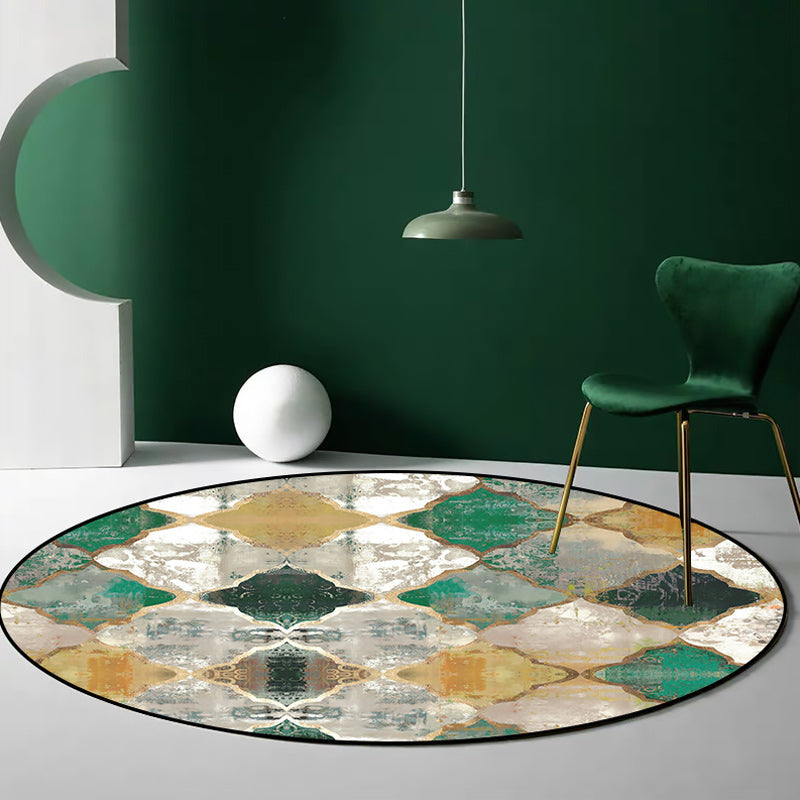 Sikunuo | Green and Yellow Moroccan Carpet Polyester Azulejo Print Carpet Washable non-slip back Carpet for Living Room