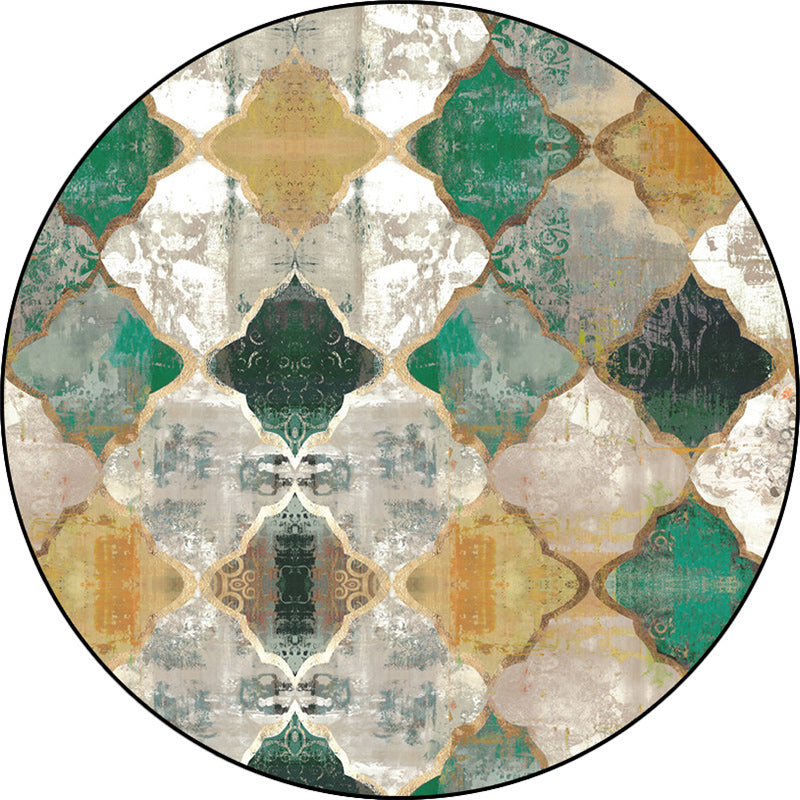 Sikunuo | Green and Yellow Moroccan Carpet Polyester Azulejo Print Carpet Washable non-slip back Carpet for Living Room
