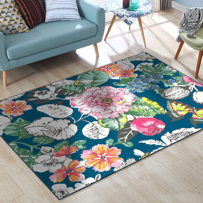Sikunuo | Classic Floral Pattern Rug with Leaf Blue Multicolor Shabby Chic Rug Polyester Washable Non-Slip Backing Rug for the Living Room
