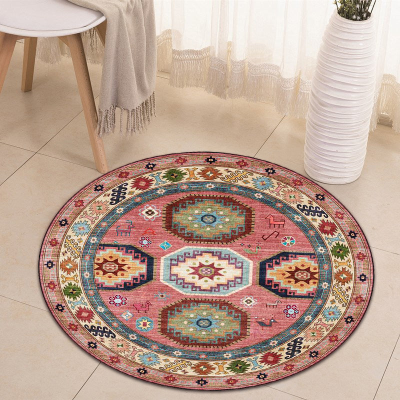 Sikunuo | Americana Tribal Pattern Carpet Red Polyester Carpet Machine Washable Non-Slip Area Rug for Bedroom