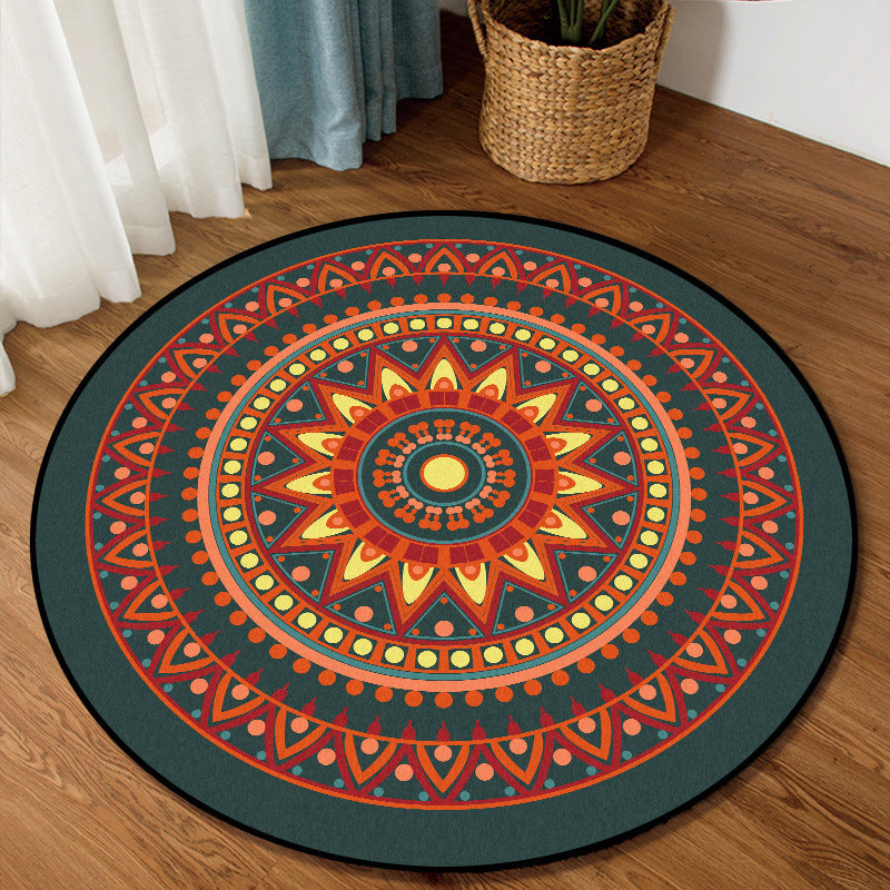 Sikunuo | Vintage concentric circles pattern rug with flowers orange tribal rug polyester washable non-slip back rug for living room