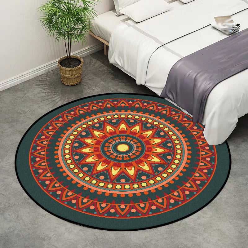 Sikunuo | Vintage concentric circles pattern rug with flowers orange tribal rug polyester washable non-slip back rug for living room