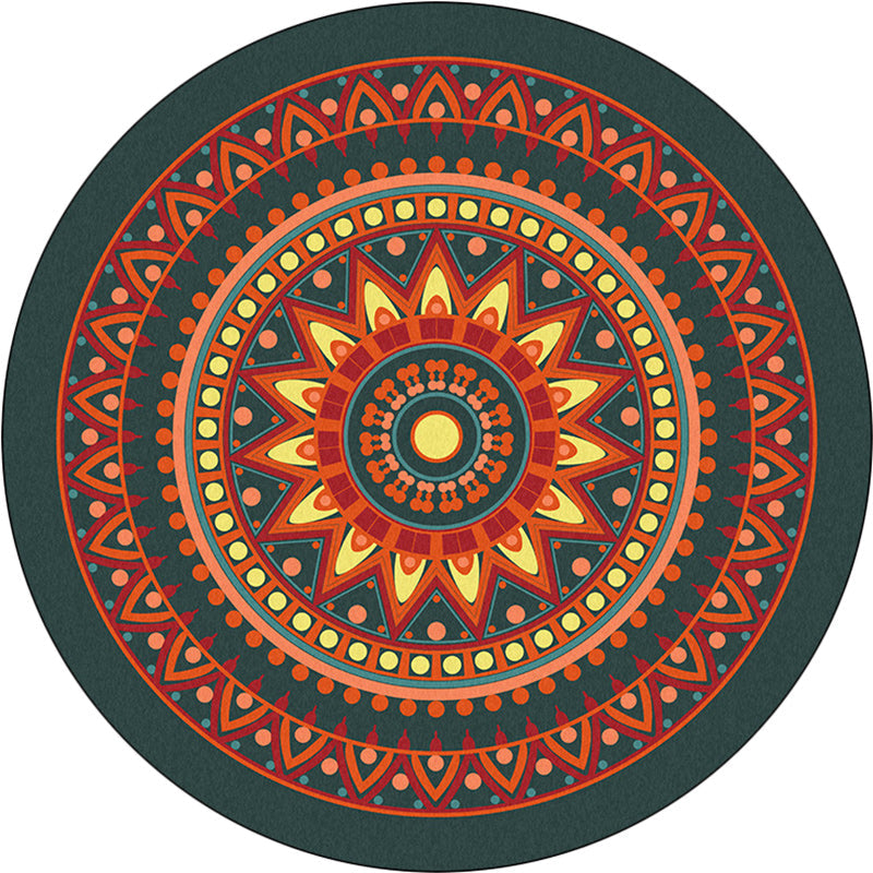 Sikunuo | Vintage concentric circles pattern rug with flowers orange tribal rug polyester washable non-slip back rug for living room