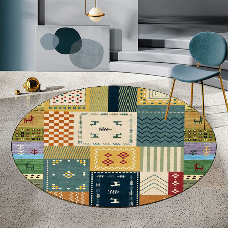 Sikunuo | Classic Tribal Plaid Carpet Yellow and Green Vintage Carpet Polyester Washable Non-Slip Back Carpet for the Living Room