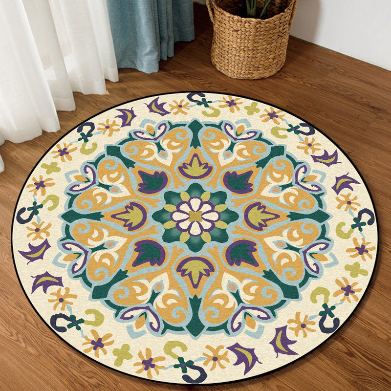 Sikunuo | Yellow Moroccan Carpet Polyester Floral and Leaf Print Carpet Washable Non-Slip Back Carpet for Living Room