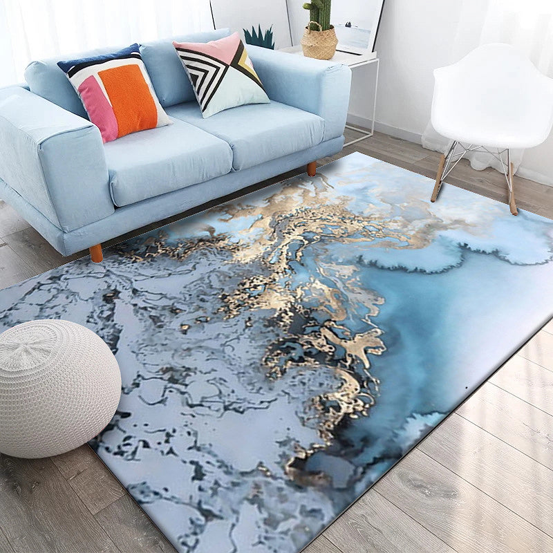 Sikunuo | Unique Watercolor Pattern Carpet Blue and Grey Modern Carpet Polyester Washable Non-Slip Backing Area Rug for Living Room