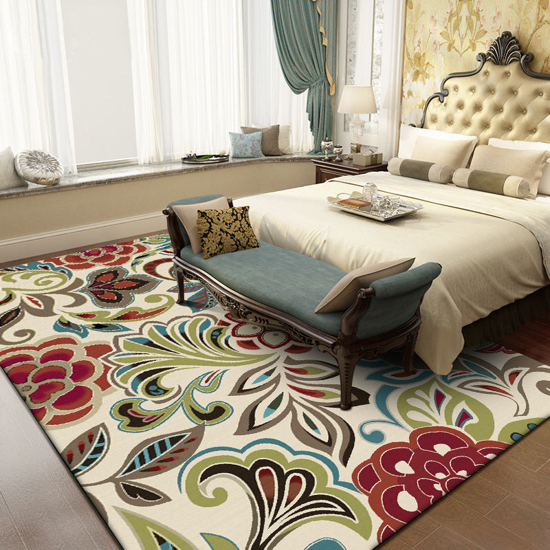 Sikunuo | Traditional paisley pattern carpet with floral beige multi-colored classic carpet polyester washable non-slip backing carpet for living room