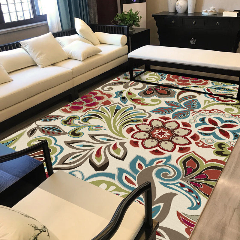 Sikunuo | Traditional paisley pattern carpet with floral beige multi-colored classic carpet polyester washable non-slip backing carpet for living room