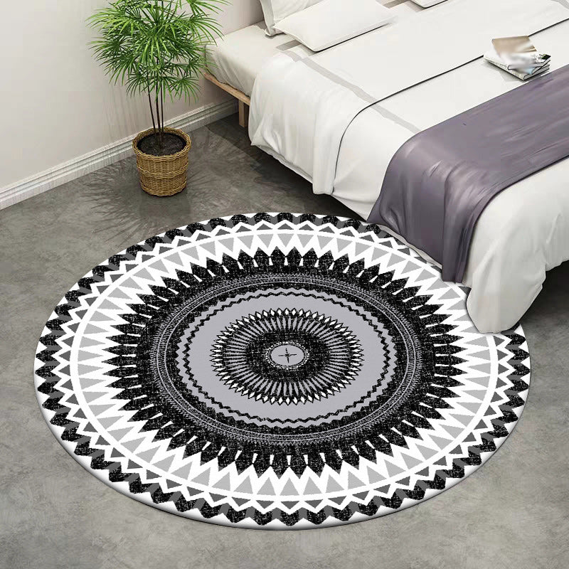 Sikunuo | Vintage concentric circles pattern rug white and black tribal rug polyester washable non-slip backing rug for living room