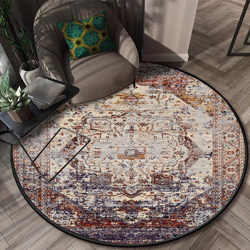 Sikunuo | Shabby Chic Medallion Pattern Rug Red and Brown Polyester Rug Machine Washable Non-Slip Rug for the Bedroom