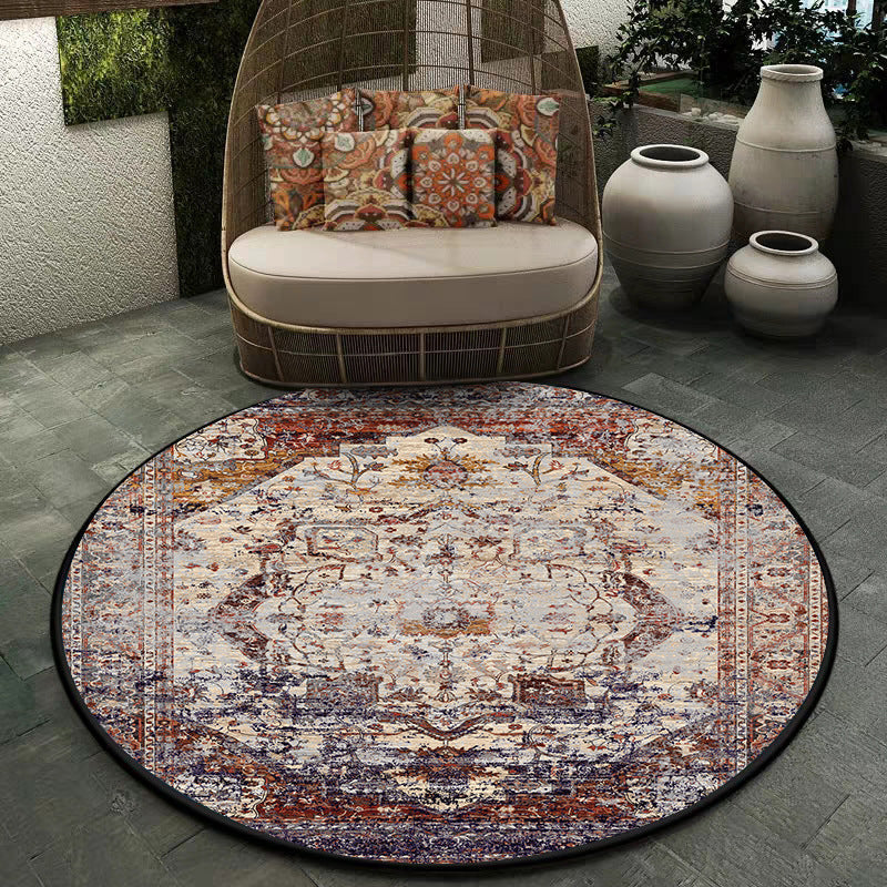 Sikunuo | Shabby Chic Medallion Pattern Rug Red and Brown Polyester Rug Machine Washable Non-Slip Rug for the Bedroom