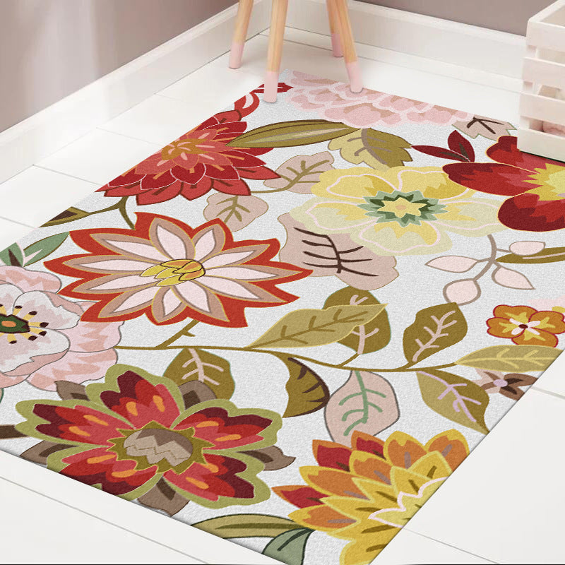 Sikunuo | Classic floral patterned rug with leaf white and red traditional rug polyester washable non-slip backing living room wallpaper