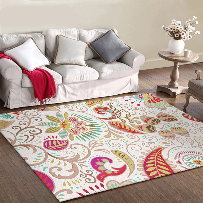 Sikunuo | Vintage Paisley Pattern Rug White Polyester Rug Machine Washable Non-Slip Rug for Bedroom