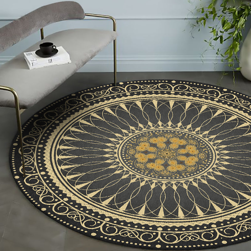 Sikunuo | Vintage Floral Pattern Rug Black Tribal Rug Polyester Washable Anti-Slip Backing Rug for Living Room
