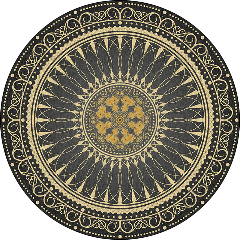 Sikunuo | Vintage Floral Pattern Rug Black Tribal Rug Polyester Washable Anti-Slip Backing Rug for Living Room