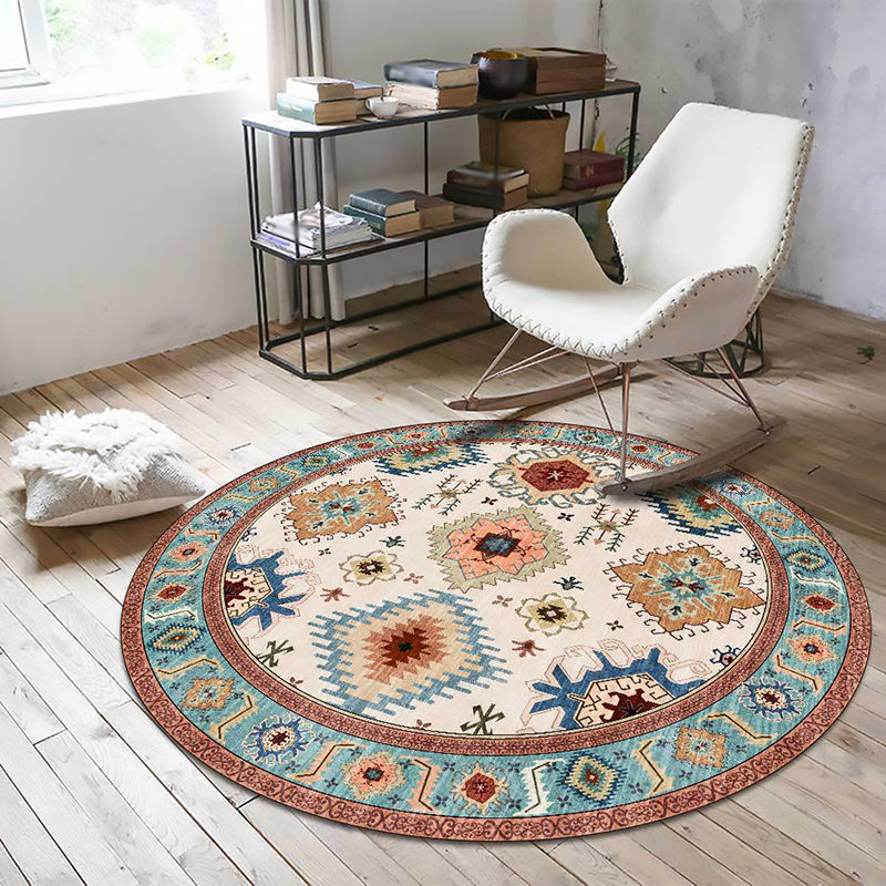Sikunuo | Vintage Southwest Pattern Rug with floral apricot and blue tribal rug, polyester washable, non-slip backing area rug for living room