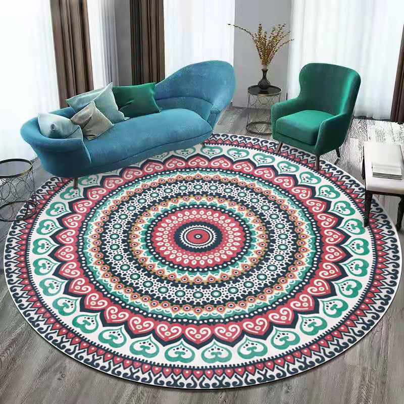 Sikunuo | Red and green southwestern carpet polyester concentric circles pattern carpet washable non-slip backing carpet for living room