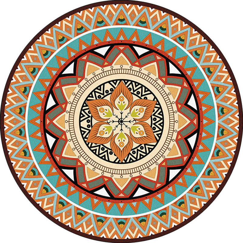 Sikunuo | Traditional concentric circle patterned rug with floral orange tribal rug made of polyester washable non-slip backing rug for the living room