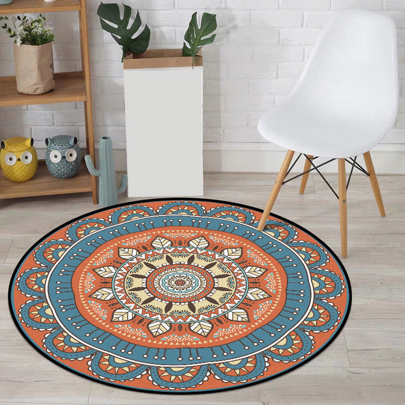 Sikunuo | Americana concentric circles pattern rug with floral orange and blue tones polyester rug machine washable non-slip rug for the bedroom