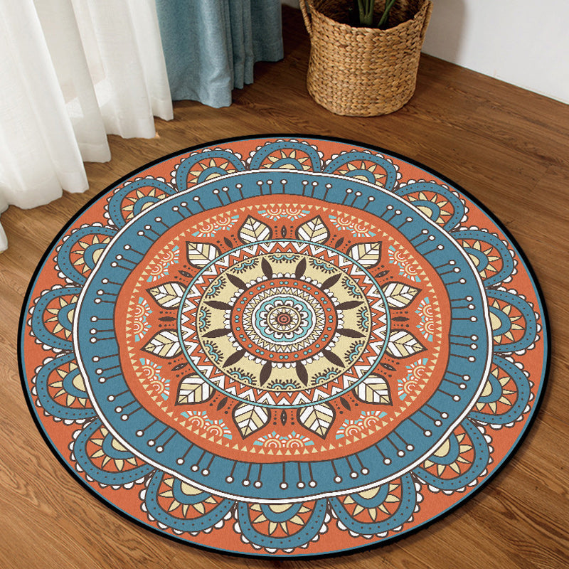 Sikunuo | Americana concentric circles pattern rug with floral orange and blue tones polyester rug machine washable non-slip rug for the bedroom