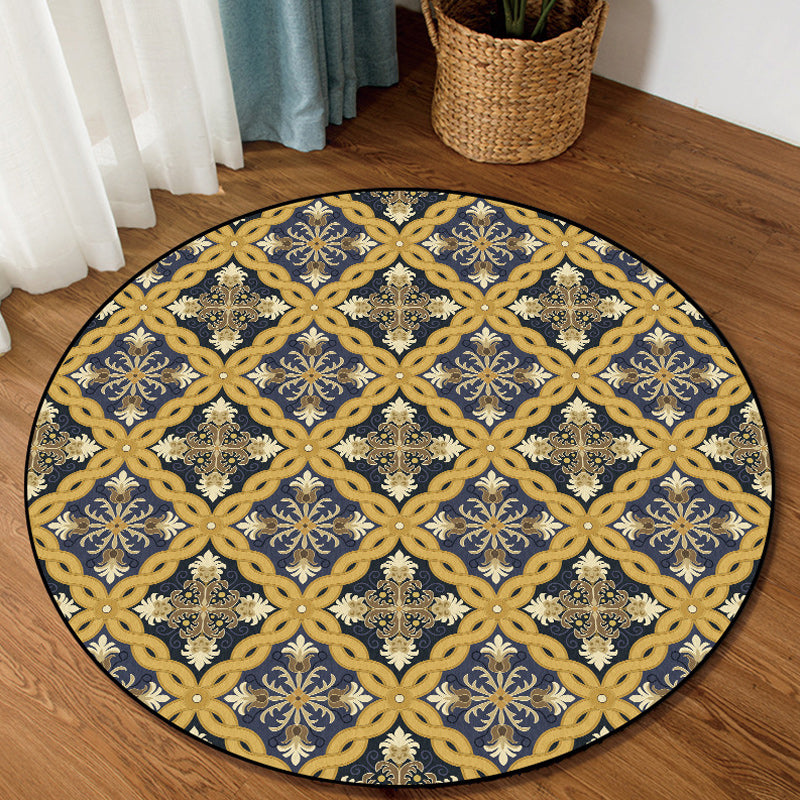 Sikunuo | Yellow Moroccan Polyester Azulejo and Flower Pattern Rug washable non-slip backing rug for the living room