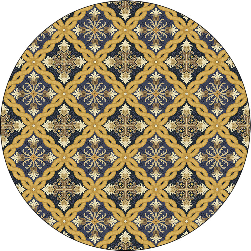 Sikunuo | Yellow Moroccan Polyester Azulejo and Flower Pattern Rug washable non-slip backing rug for the living room