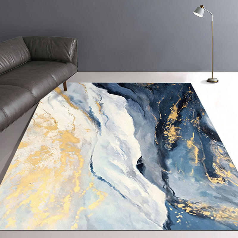 Sikunuo | Blue and Gold Bedroom Carpet Modern Abstract Cloud Pattern Area Rug Polyester Non-Slip Washable Rug